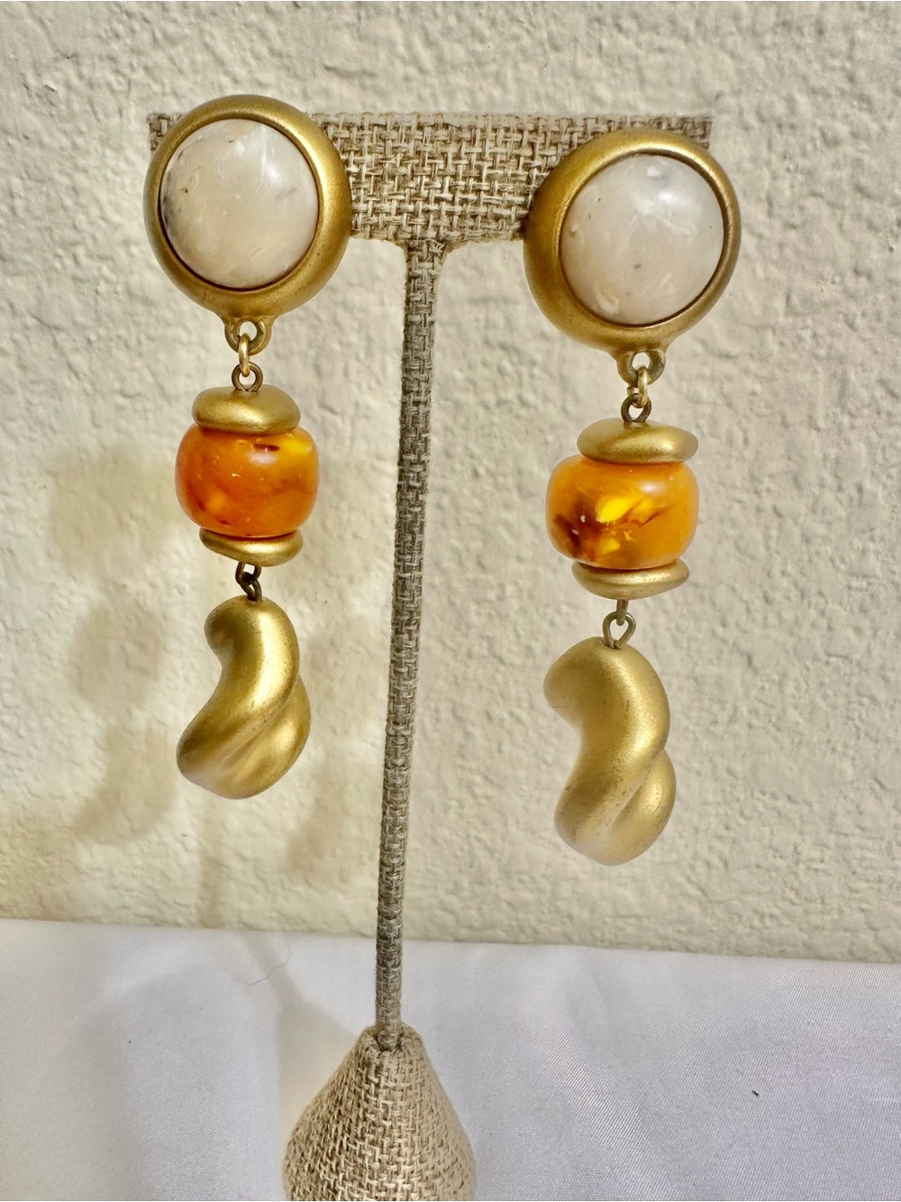 Vintage Gold-Tone Drop Earrings with Acrylic Amber Bead and Cream Accent (Light)